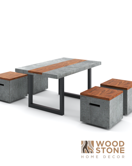 Stone Grain Dine Set – Concrete & Teak Wood Dining Table with 4 Stools